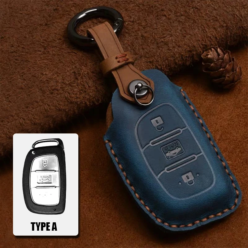 Для hyundai Santa Fe 3 кнопки из натуральной кожи дистанционного брелока чехол Чехол - Название цвета: Type A - Blue