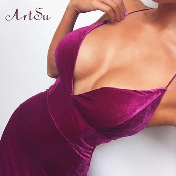 

Artsu Velvet Spaghetti Strap Sexy Dress Backless Bodycon High Waist Purple Blue Summer Party Club Midi Dress Women ASDR70161