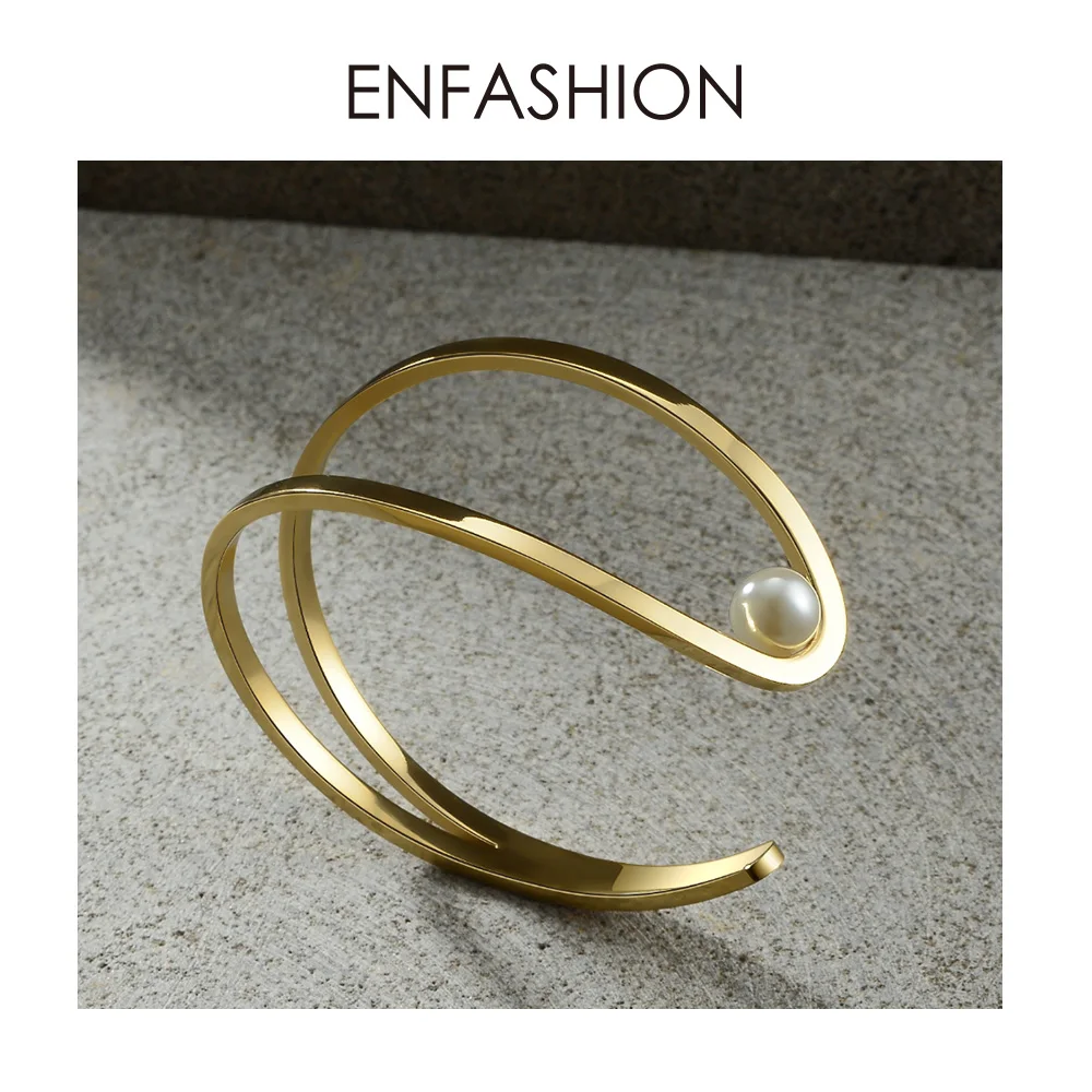 

ENFASHION Cute Fish Opening Cuff Bracelets Bangles For Women Gold Color Pearl C Shape Line Lady Bangle Fashion Jewelry B2019