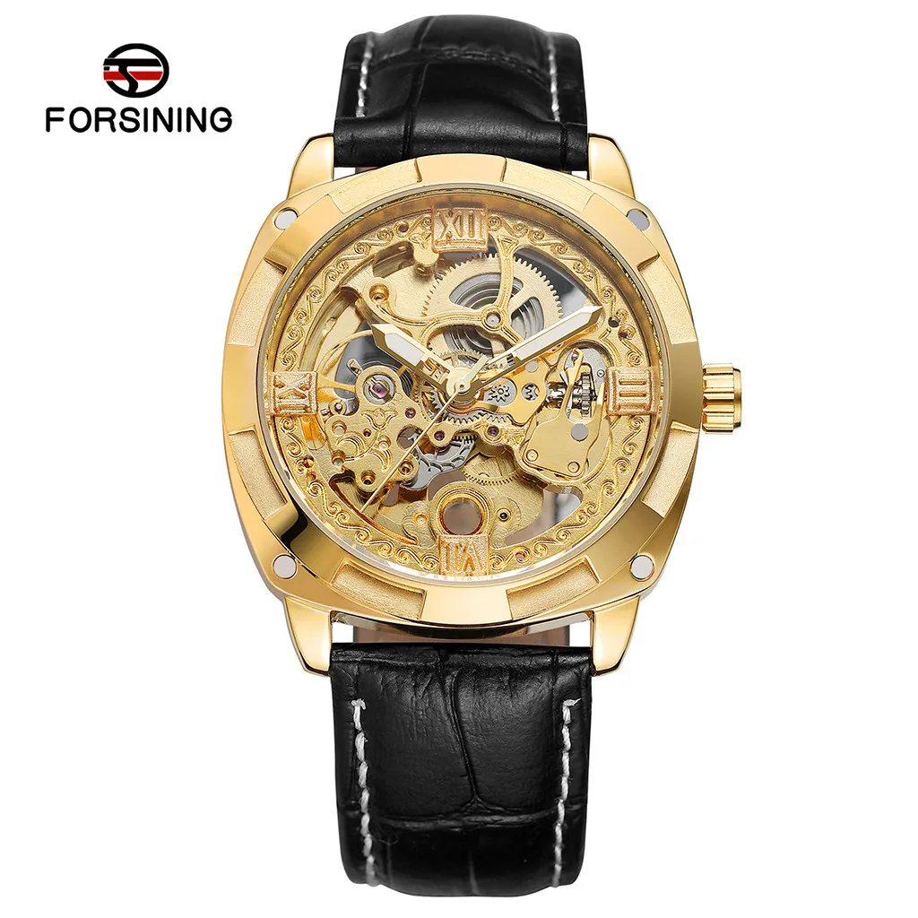 Men's Gold Dial Leather Strap Wristwatches Mechanical Watch Men