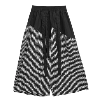 

LANMREM Summer 2020 loose waist striped wide leg pants BF styles striped patchwork loose three quarter lenght pants WM04901