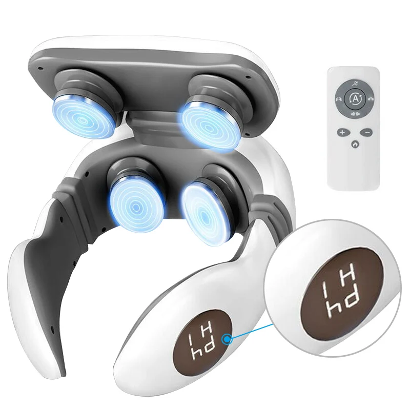 Heating 4 Head Neck Massager With Screen Display Electric Pulse Cervical Massager Remote Control Charging Neck Massage Tool