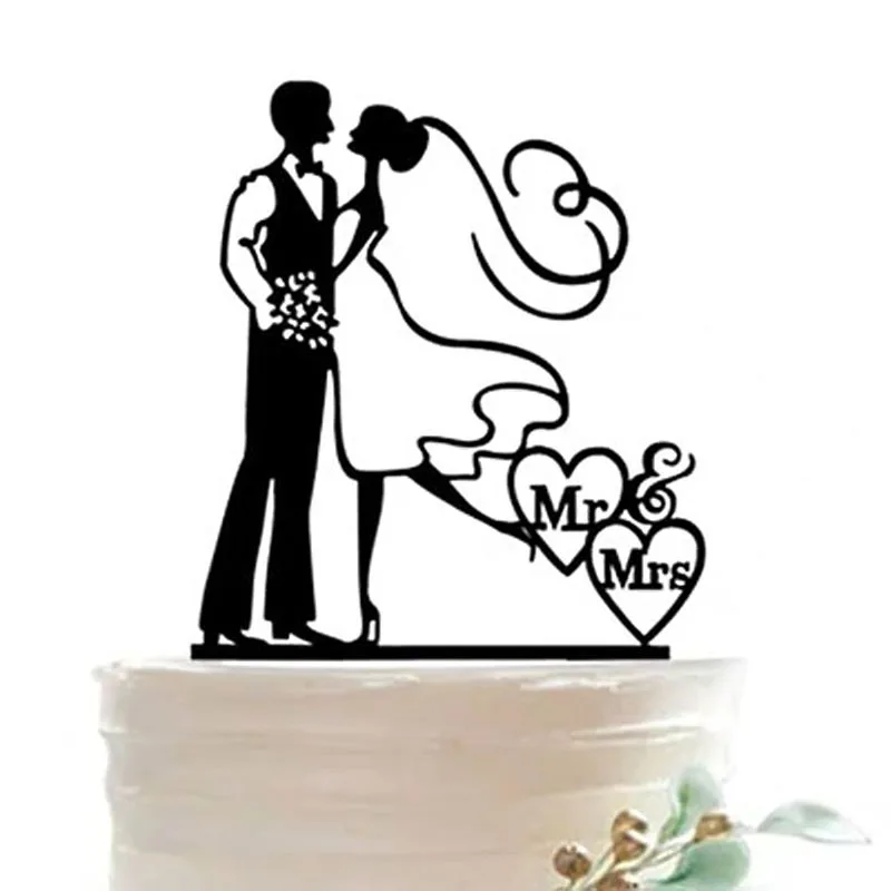 Acrilico Nero Mr And Mr Wedding Cake Topper Silhouette Maschio Coppia Romance Wedding Cake Topper Amore Gay Decorazioni di nozze Nome personalizzato Data di nozze Gay Regali di coppia
