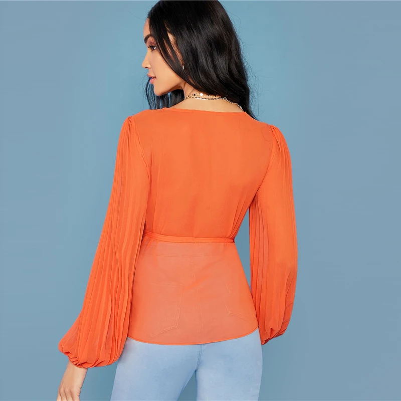 SHEIN Bright Orange Deep V Neck Tie Side Wrap Blouse Women Tops Autumn Pleated Sleeve Solid Elegant Belted Shirt Blouses