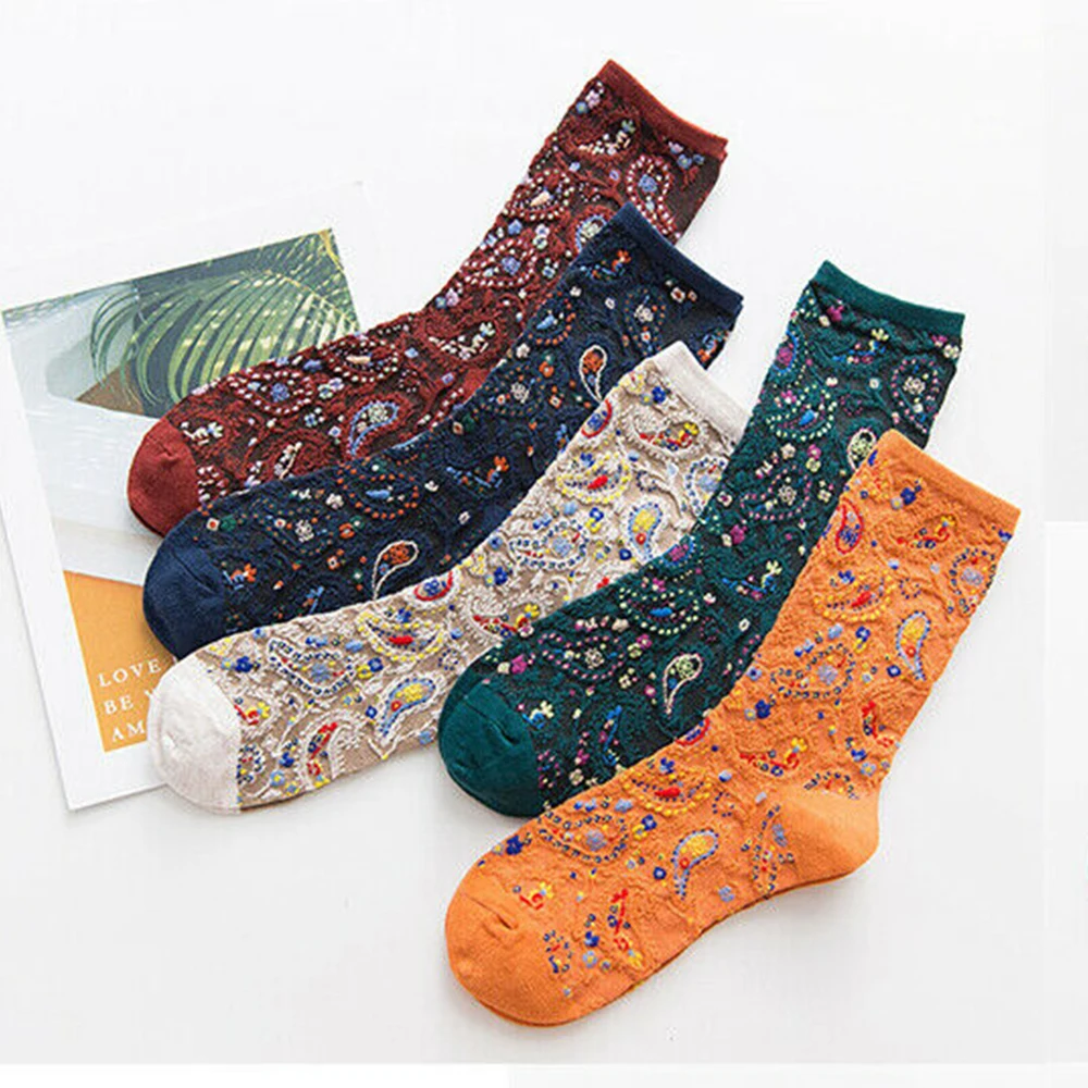 

3 Pair Women's Cotton National Style Printing Socks for Women Autumn Winter Warmer Sock Japanese Kawaii Girls Sock