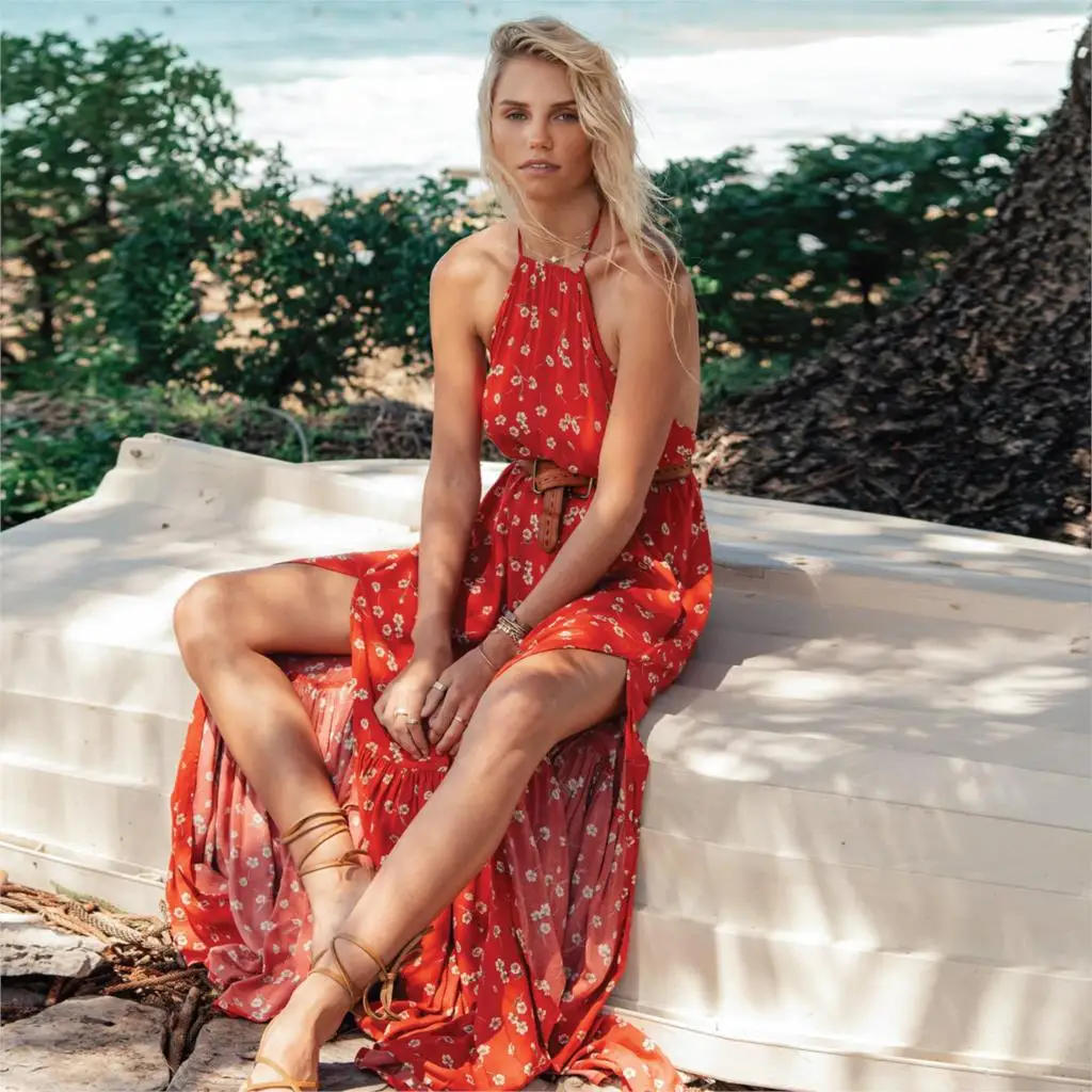 

Boho Vintage Floral Print Women Maxi Dress Summer 2019 Sliting Backless Tassel Halter Ruffles Dresses Retro Beach Vacation Dress