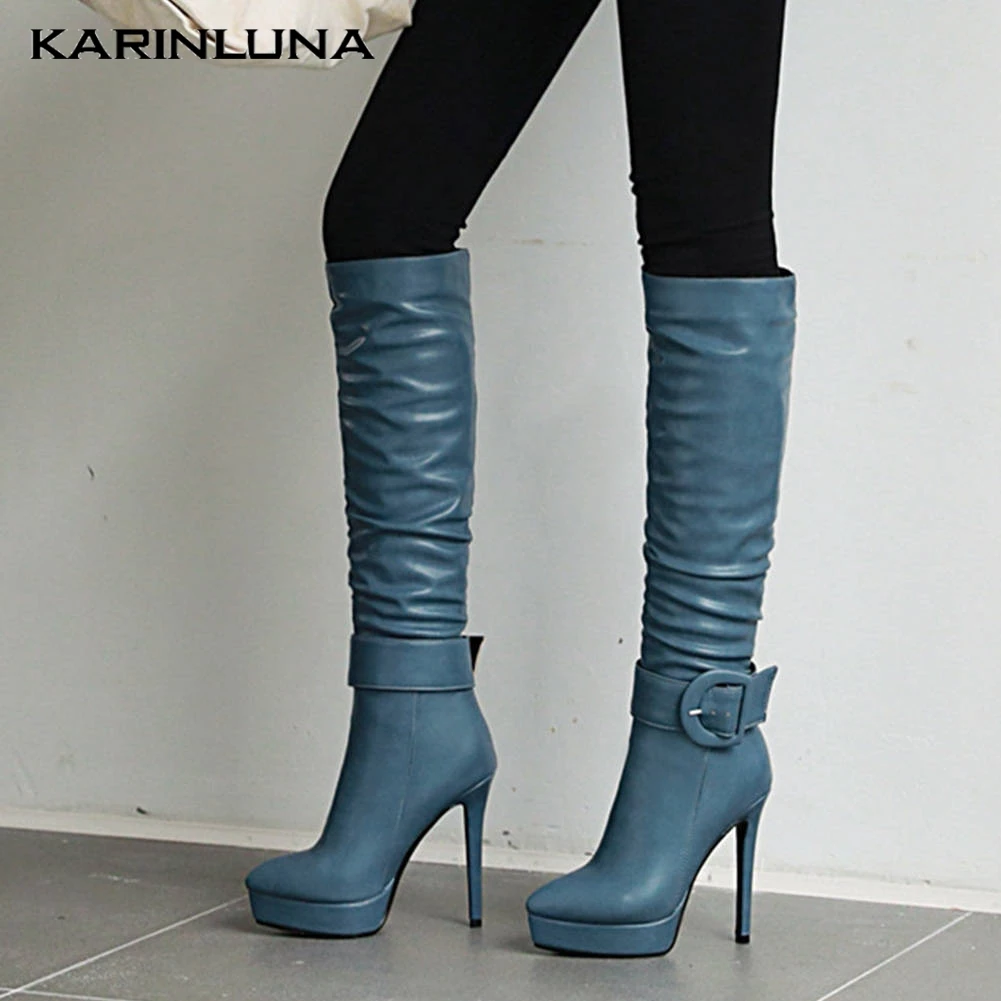 KARINLUNA/распродажа, новые пикантные сапоги до колена на платформе и высоком каблуке размера плюс 33-46 женская обувь женские вечерние сапоги