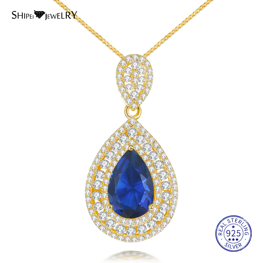 Shipei Sterling Silver Fine Jewelry Ruby Emerald Sapphire Water Drop Pendant Necklace for Women Anniversary Gift