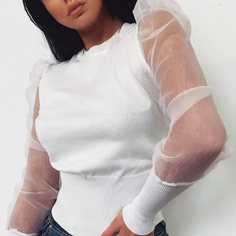 

Elegant Puff Sleeve Slim T Shirt Women Mesh Patchwork Knitted Crop Top