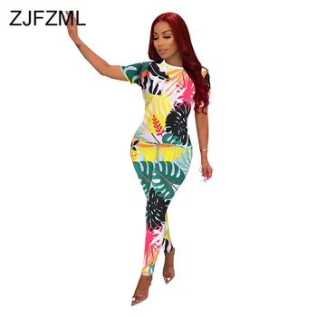 

Leaves Printed Sexy Two Piece Set Sweatsuit for Women Round Neck Short Sleeve Slim T Shirts and Straight Pants Fall Causal Set