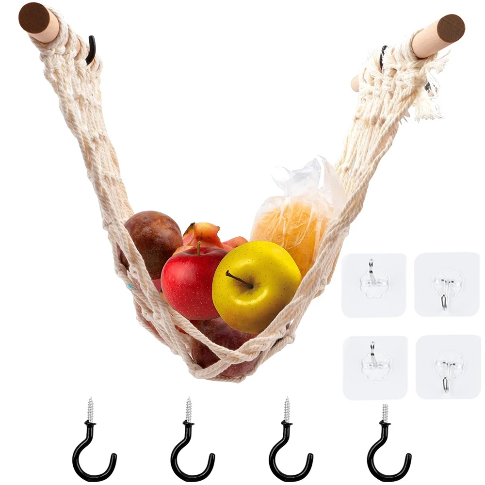 

Fruit & Veggie Hammock with Wood Stick and Hook Macrame Vegetable Hanging Hammock Kitchen Space-Saving Produce Storage