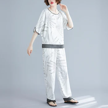 

[EWQ] 2020 Spring Summer New Arrivals O- Neck Half Sleeve Long Pants Print Pattern Women Fashion Casual Loose Set AW21100