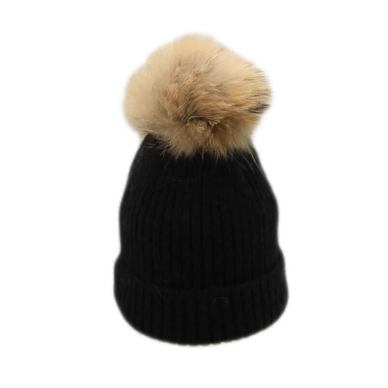 HANGYUNXUANHAO Winter Hat Women Knitted Beanie Hat Real Raccoon Fur Pompom Hat for Female Kids Warm Chunky Thick Stretchy Hat - Цвет: black