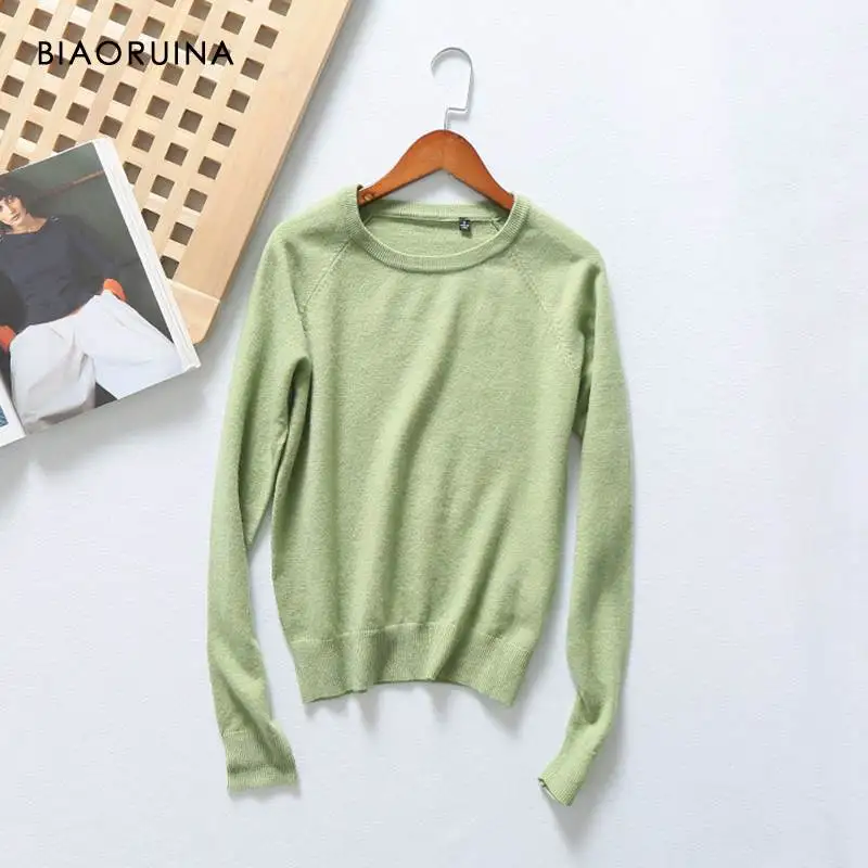 grass green BIAORUINA, 12 цветов, Женский Повседневный удобный базовый вязаный свитер с круглым вырезом, Женский Универсальный хлопковый кашемировый пуловер - Цвет: grass green