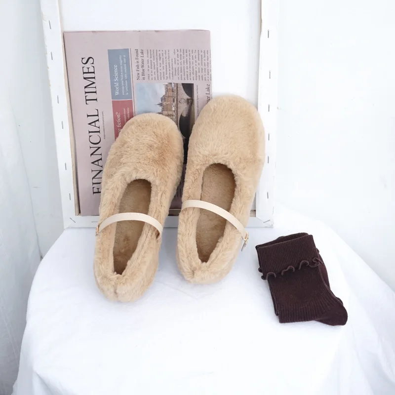 

2019 New Style Korean-style Winter Flat Straight-line Buckle Moccosins Online Celebrity plus Velvet Warm Fluffy Shoes Women's