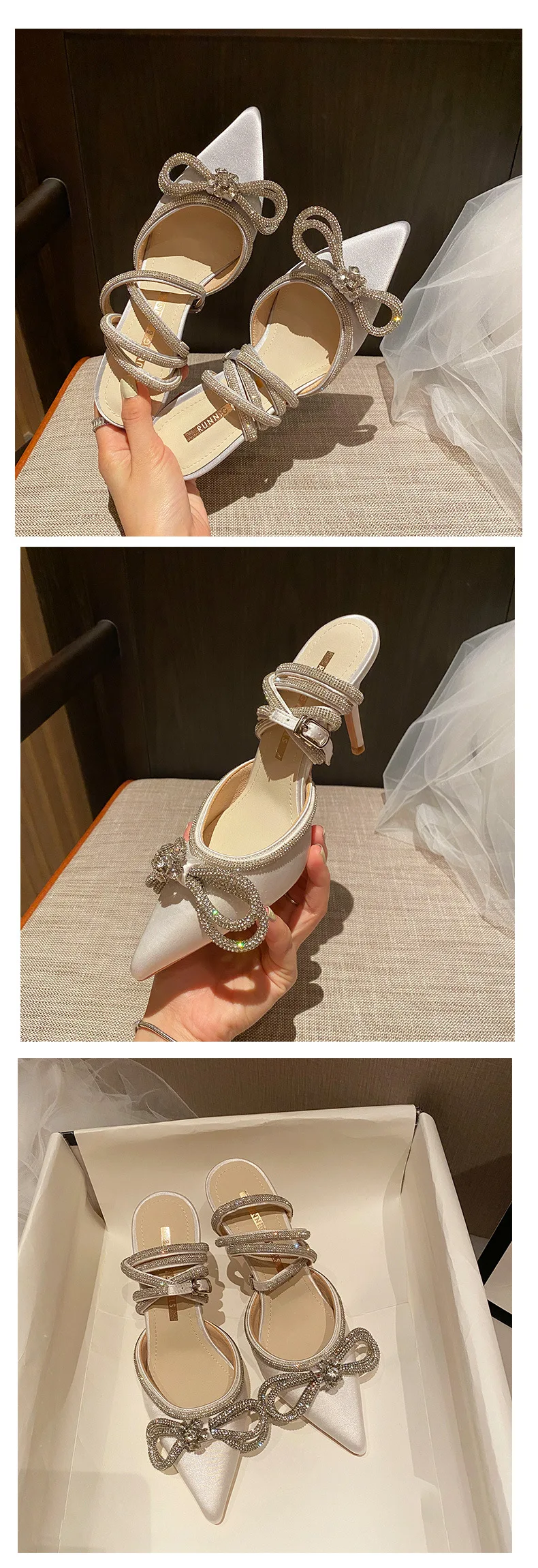 Fashion Style Glitter Rhinestones Women Pumps Crystal Bow 8 Cm Summer Lady Shoes Genuine Leather High Heels Party Prom Shoes