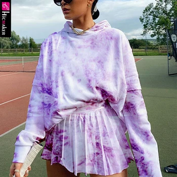 

Two Piece Matching Sets Women Tie Dye Printed Long Sleeve Sweatshirt & Mini Skirt Set Sweet Suits