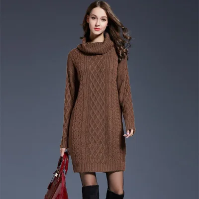 Осень-зима, женское вязаное платье, женский свитер с высоким воротом, большой размер, платья для девушек, длинный рукав, толстый теплый свитер - Цвет: 1