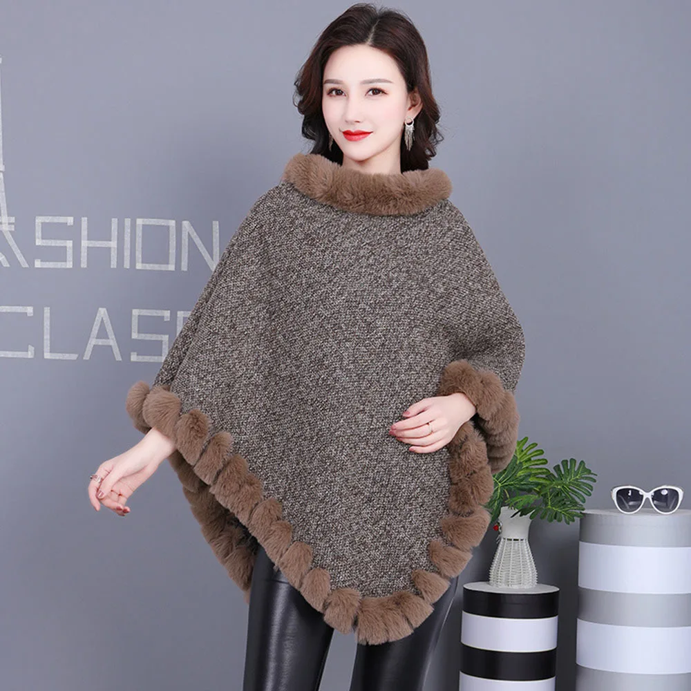 Women Capes Solid Poncho Knitted O Neck Fur Sweater 7 Color Plus Velvet Warm Pullover 2021 Winter Faux Fox Out Street Wear |