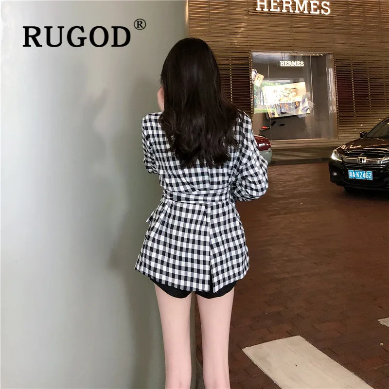 RUGOD женский клетчатый блейзер с зубчатым воротником Флуоресцентный цвет рукава свободный костюм пальто с поясом корейский шикарный винтажный пиджак
