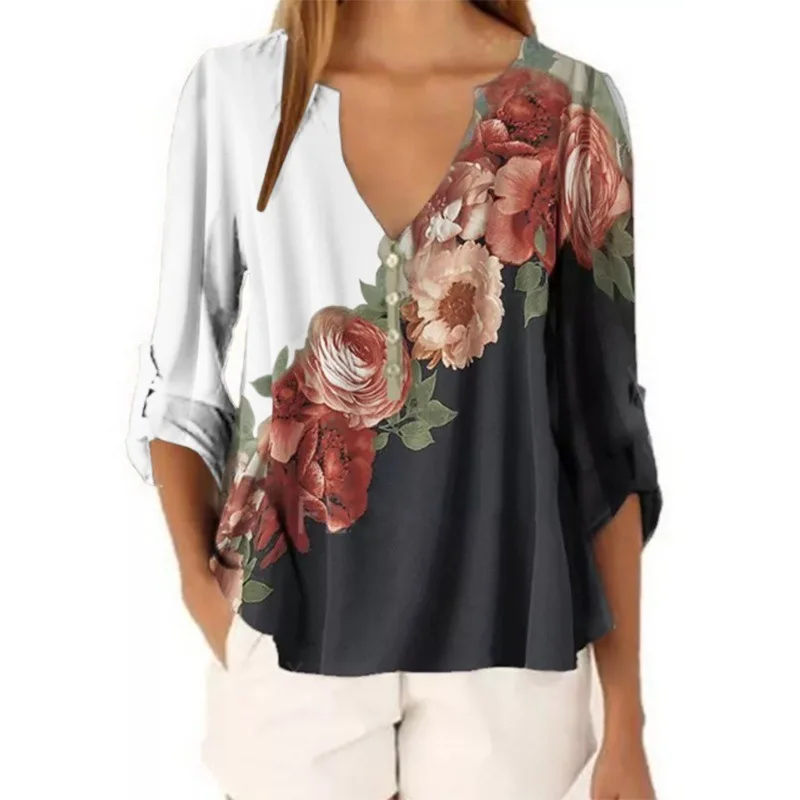 

Vintage Flower Print Women Oversize Shirt Long Sleeve Autumn Casual Loose Deep V-neck Club Lady Shirts Female Fashion Blouse