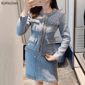 

2 Pieces Tweed Skirt Suit Women Autumn Winter Heavy Beaded Fashion Sexy Bodycon Tweed Blazer Jacket and Bodycon Mini Skirt Sets