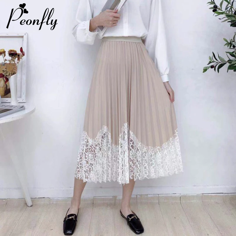 PEONFLY, элегантные кружевные юбки для женщин, весна, пэчворк, корейская мода, для девушек, офис, линия, высокая талия, плиссированная, длинная юбка для женщин