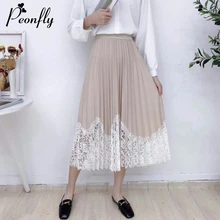 PEONFLY, элегантные кружевные юбки для женщин, весна, пэчворк, корейская мода, для девушек, офис, линия, высокая талия, плиссированная, длинная юбка для женщин