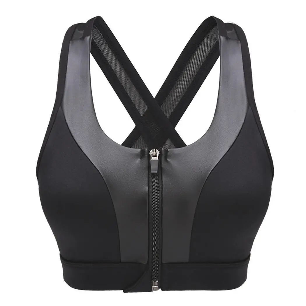Women Casual Workout Yoga Clothes Activewear Zipper Sports Elastic Bra Sleeveless Patchwork O-Neck