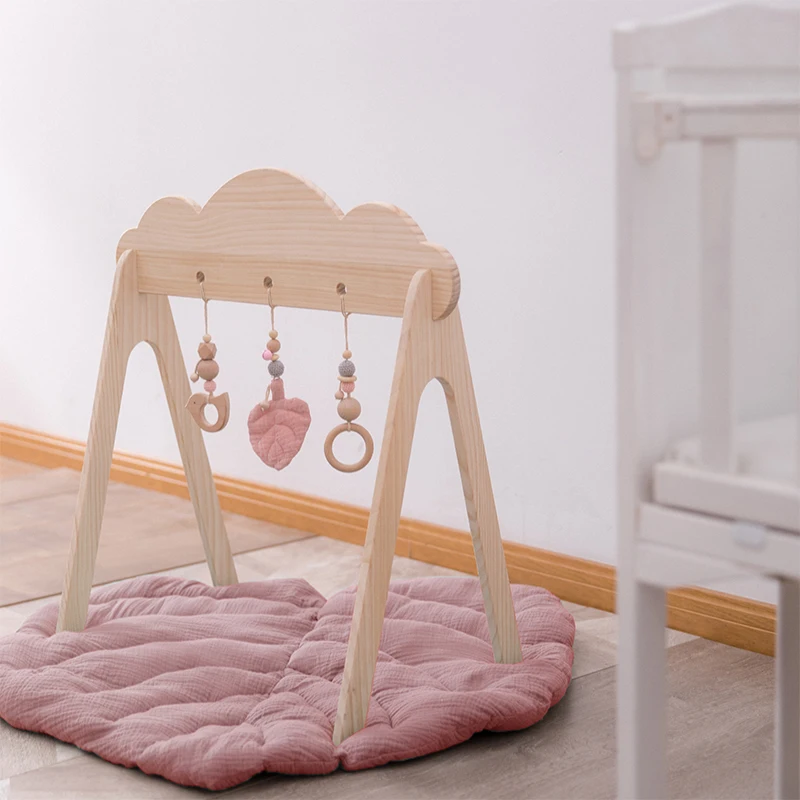 Baby Wooden Teether Gym Play Toys Cotton Leaves Mat Natural Wooden Rodent Stroller Chain Hanging Baby Toy Mobile Bed Holder Gift