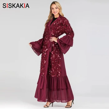 

Siskakia Muslim Kimono luxurious Plush Sequins Stitching Abaya Chiffon Ruffles Flare Sleeve Patchwork Turkish Islamic Clothes