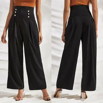 

Women Palazzo Wide Leg Pants Button High Waist Office Career Long Flared Dress Trousers Women Black Pants