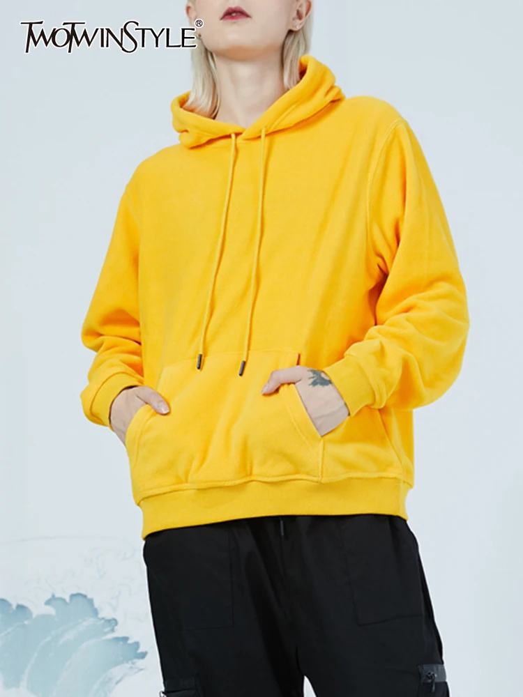 

TWOTWINSTYLE Cotton Sweatshirts For Women Hooded Collar Loose Long Sleeve Plain Drawstring Pullovers Female 2021 Autumn Clothing