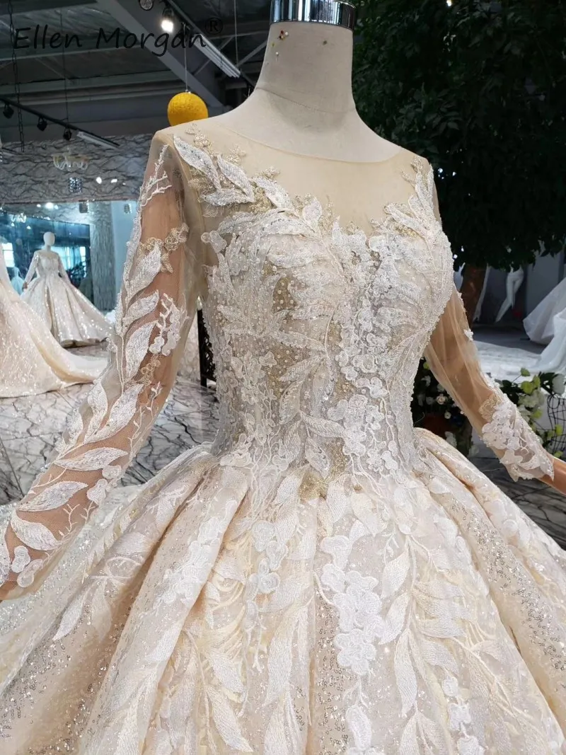 Роскошные Блестящие Свадебные платья с длинными рукавами, кружевные бальные платья, элегантные платья с вырезом лодочкой и аппликацией из бисера, шлейфом, Vestidos De Novia