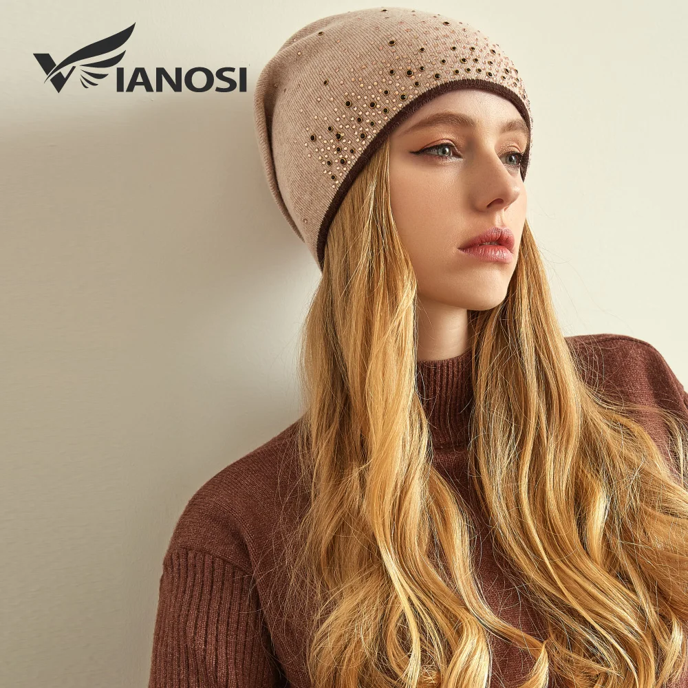 VIANOSI/Модная зимняя вязаная шапка для женщин; шлепки для девочек; Лыжная Шапочка; брендовые шерстяные шапки; Gorras Mujer - Цвет: Розовый