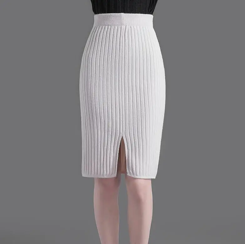 Off-white 60cm 60-72 см, юбки с высокой талией, Женская Осенняя зимняя теплая трикотажная юбка-карандаш, одноцветная юбка в рубчик для женщин - Цвет: Off-white 60cm