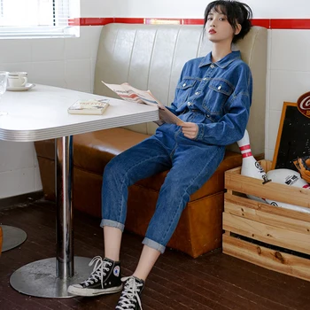 

Jumpsuit Women Vintage High Waist Denim Jeans Jumpsuits One Piece Overalls Combinaison Dropshipping Full Length Solid Button