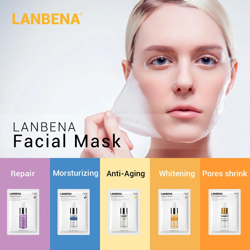 LANBENA Face Mask Facial Serum Sheet Mask Hyaluronic Acid Moist VC Whitening Anti Aging Essence