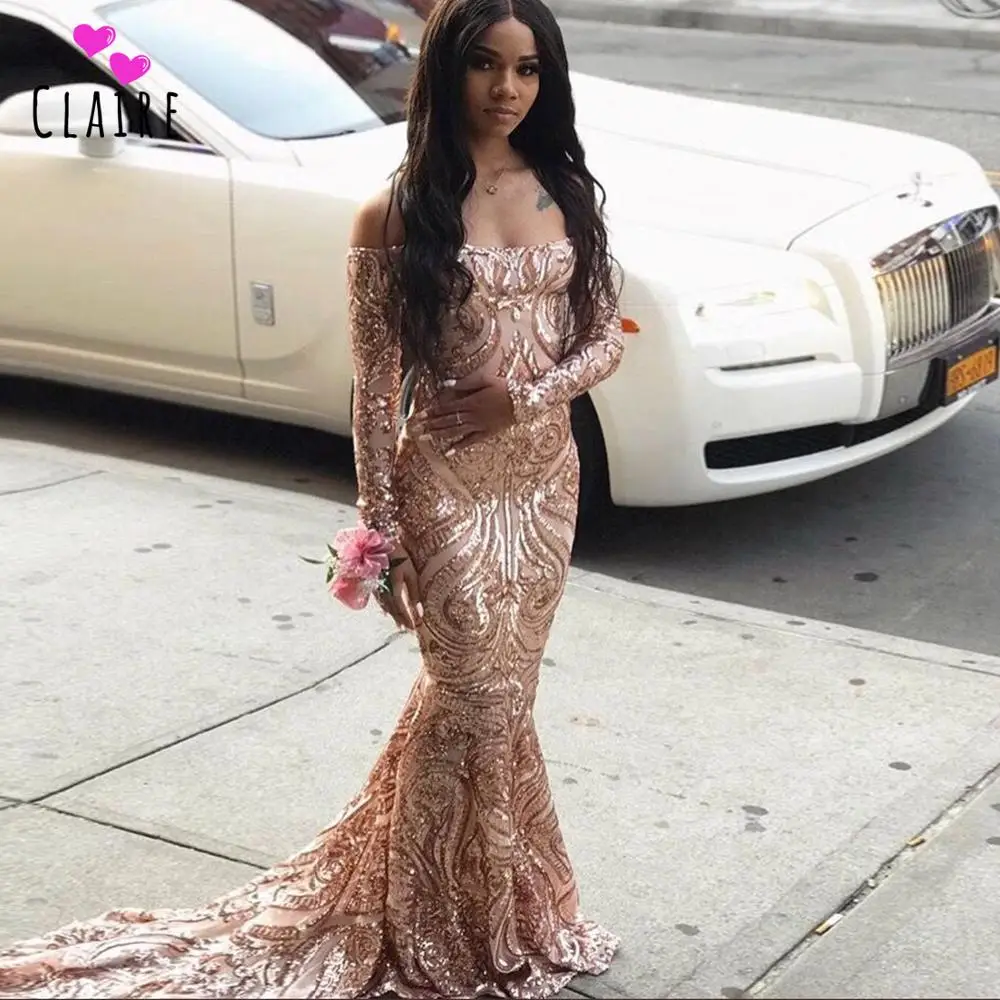 

Sparkling Prom Party Gowns 2019 Off The Shoulder Long Sleeves Sweep Train Sequin Lace Rose Gold Long Prom Dress CP048