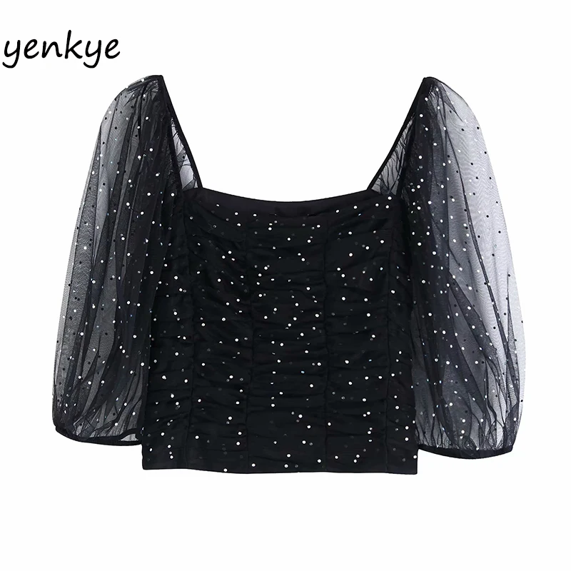 

Fashion Women Sparkly Tulle Top Sexy Semi-sheer Sleeve Square Neck Summer Crop Top BBWM9841