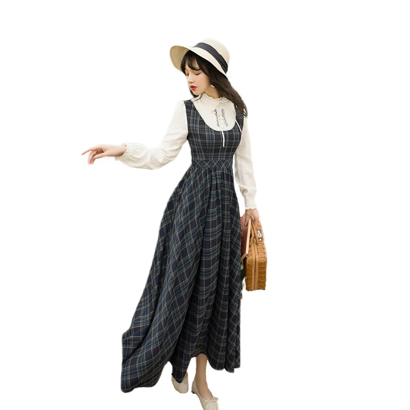 

Plaid Long Women Dress Fake Set 2020 Spring Midi Vintage Embroidery Full Sleeve Evening Party Elegant Dress Vestidos De Fiesta