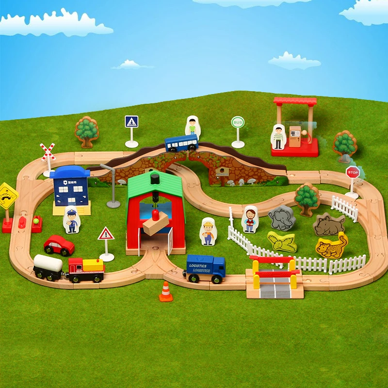 

Wooden Railway Set Straight And Curved Extended Track Small Town Track Scene Theme Compatible With Other Brands Of Wooden Tracks