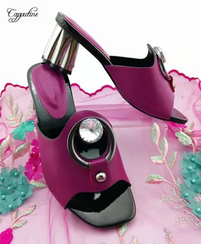 

Graceful magenta high heel African slip-on sandal shoes with stones for party QS1903, heel height 7cm