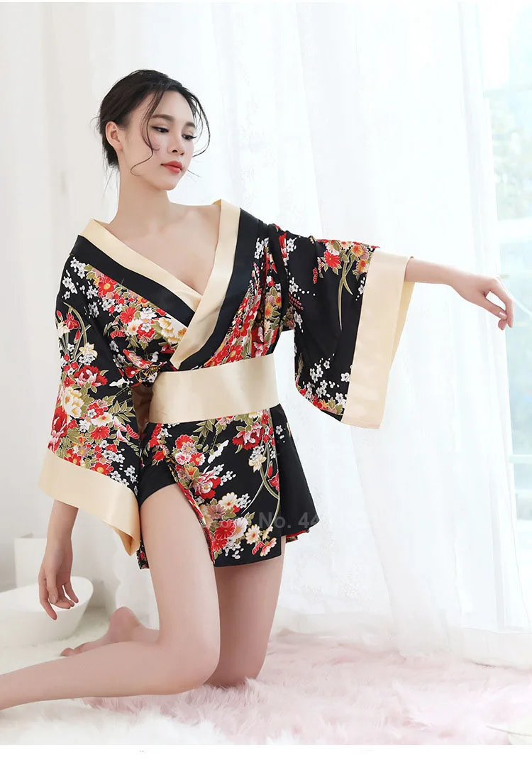 Японское женское кимоно с v-образным вырезом Yutaka Obi Короткая свободная Пижама Geisha девушки привлекательность Haori сексуальный цветочный атласный шелк домашняя пижама