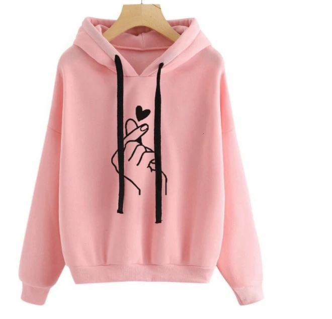 Kopen Azië 5XL Vrouwen Hoodie Sweatshirts Hart Vinger Patroon Trekkoord Lange Mouwen Geribbelde Manchetten Casual Dunne Trui Lady Hooded Tops