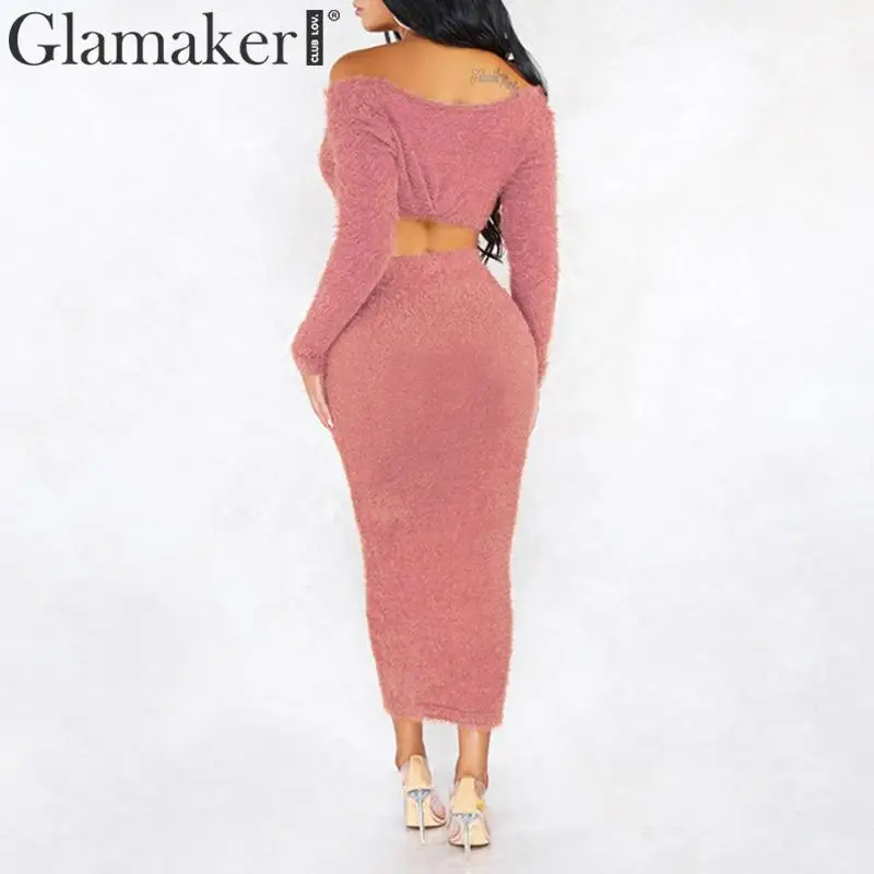 Glamaker, розовый, два комплекта, v-образный вырез, длинный рукав, весеннее платье для женщин, высокая талия, облегающее платье, сексуальные, элегантные, вечерние, для клуба, платье