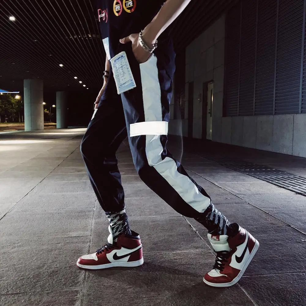 Летние новые модные мужские спортивные штаны, отражающие светлую ленту, бегущие штаны, уличная хип-хоп брюки, повседневные штаны