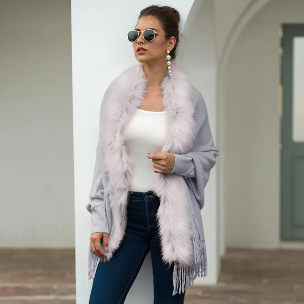 

JAYCOSIN Women Winter Knit Cashmere Poncho Capes Cardigans Sweater Coat tassel cloak shawl fur collar solid color thick cardigan