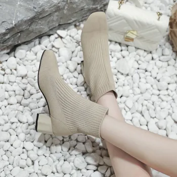 

Autumn Winter Women's Knit Elastic Socks Boots Pointed Toe Chunky Heel Boots Black Fashion Ankle Chelsea Boots Women Boots