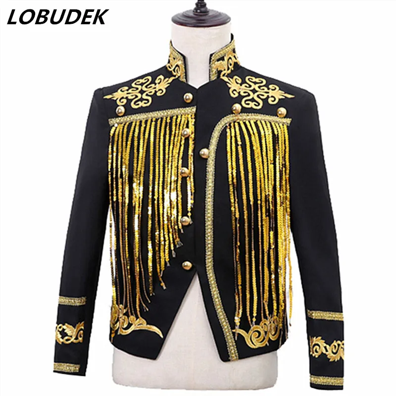 

Men's Sequin Tassel Court Jacket Golden Black Fringe Slim Coat Bar Nightclub Male Singer Chorus Dancer Performance Stage Costume